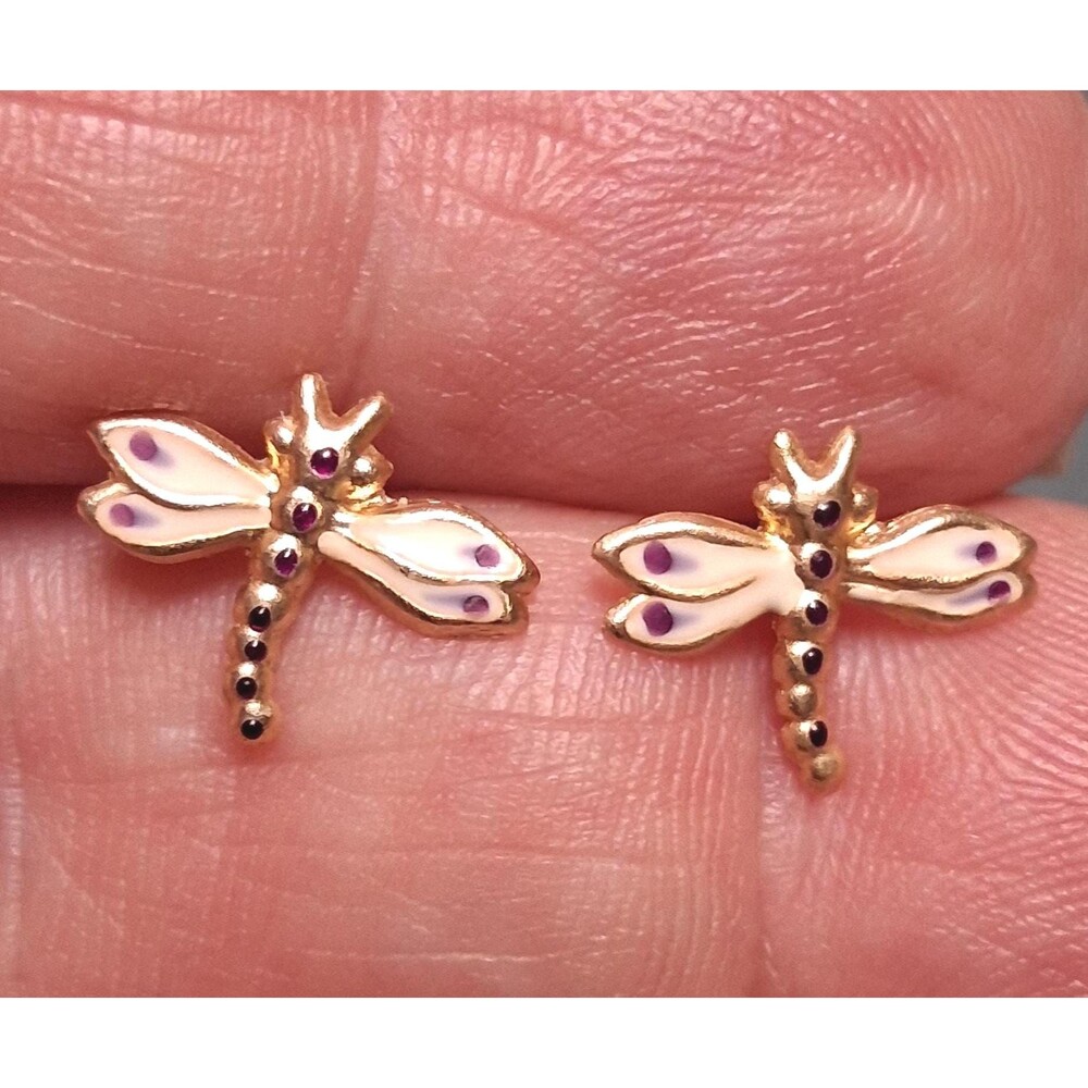 14K Gold Dragonfly Earrings Purple Enamel